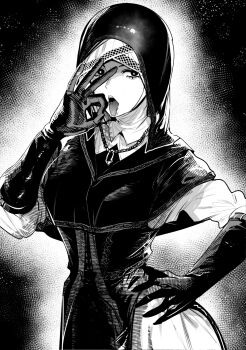 1girl breasts commentary corrupted_twitter_file dress elden_ring elden_ring_nightreign fellatio_gesture gloves greyscale hand_on_own_hip hand_up highres hood hood_up jewelry looking_at_viewer monochrome nakasone_haiji necklace nun open_mouth pelvic_curtain solo tongue tongue_out undertaker_(elden_ring) veil