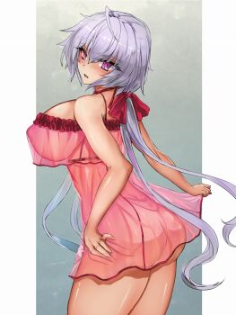Rule 34 | 1girl, ahoge, ass, border, breasts, commentary request, covered erect nipples, from side, gond, highres, large breasts, long hair, nightgown, pink nightgown, purple background, purple eyes, see-through clothes, see-through nightgown, senki zesshou symphogear, solo, thighs, very long hair, white border, white hair, yukine chris