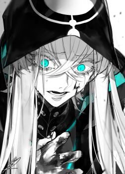1boy asclepius_(fate) asclepius_(first_ascension)_(fate) au_(d_elete) blood blood_on_hands blue_eyes crossed_bangs eyelashes fate/grand_order fate_(series) greyscale hair_between_eyes hood hood_up injury long_hair lower_teeth_only male_focus monochrome open_mouth signature solo spot_color tears teeth upper_body very_long_hair