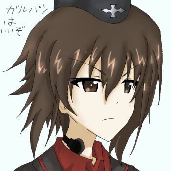 Rule 34 | 1girl, brown eyes, brown hair, commentary, cross, eyes visible through hair, girls und panzer, hair between eyes, hat, iron cross, jacket, kuromorimine military uniform, military, military hat, military jacket, military uniform, nishizumi maho, serious, short hair, simple background, solo, solo focus, thor gdgd, throat microphone, upper body, white background