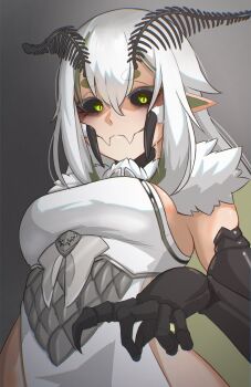 1girl absurdres antennae arthropod_girl bare_hips black_sclera breasts claws colored_sclera dress fangs green_eyes green_hair highres indie_virtual_youtuber insect_girl juniper_actias large_breasts long_hair mandibles monster_girl moth_antennae moth_girl multicolored_hair neck_fur pointy_ears sideboob sioell skin_fangs solo streaked_hair virtual_youtuber white_dress white_fur white_hair