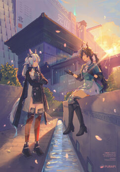 Rule 34 | 2girls, absurdres, animal ears, arcane (arknights), arknights, arknights: endfield, bird ears, bird girl, black gloves, black hair, blue eyes, blue jacket, blue tail, cape, chen qianyu (arknights), cityscape, dragon girl, dragon horns, dragon tail, eastern dragon horns, eastern dragon tail, facial mark, forehead mark, gloves, gradient hair, head wings, highres, horns, jacket, long hair, multicolored cape, multicolored hair, multiple girls, open mouth, outdoors, purapi, red thighhighs, sitting, standing, tail, thighhighs, twintails, white hair, wings
