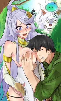 1boy 1girl absurdres armlet atheru333 bare_shoulders black_hair black_panties blush breasts bridal_gauntlets closed_mouth collar dress drooling face_to_breasts feru_(tonsuki) flower food gold_necklace grabbing_another&#039;s_breast green_collar grey_hair groping hair_flower hair_ornament hetero high_ponytail highres holding holding_food jewelry large_breasts long_hair mukouda_tsuyoshi necklace ninlil_(tonsuki) nipples nose_blush one_breast_out open_mouth panties pelvic_curtain ponytail purple_eyes side_slit slime_(creature) string_panties sui_(tonsuki) sunflower sunflower_hair_ornament swept_bangs tearing_up tondemo_skill_de_isekai_hourou_meshi tree underwear very_long_hair wavy_mouth white_dress wolf
