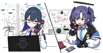 2girls ? ?? aircraft airplane armband black_gloves black_halo black_suit blue_archive blue_armband blue_eyeliner blue_hair blue_halo blue_necktie breasts building cable calling cellphone city cityscape closed_mouth coat cocktiel77 collarbone colored_inner_hair commentary computer confused earrings english_commentary eyeliner formal_clothes glasses gloves hair_ornament halo holding holding_phone id_card jacket jacket_partially_removed jewelry long_hair makeup map mechanical_halo medium_breasts millennium_science_school_logo monitor motion_lines multicolored_hair multiple_girls necktie open_mouth parachute paratrooper phone plant pointy_ears potted_plant purple_eyes purple_hair radar red_dawn red_winter_federal_academy_logo rimless_eyewear rin_(blue_archive) schale_logo shirt silhouette single_earring smartphone split_screen suit suit_jacket sweat talking triangle_hair_ornament two_side_up utnapishtim_operator_uniform_(blue_archive) white_coat white_gloves white_shirt window yuuka_(blue_archive)