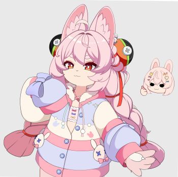 2girls :3 absurdres ahoge animal_ear_fluff animal_ears bandeau black_eyes blue_bow bow braid bright_pupils claws commentary cosplay drawstring english_commentary frilled_bandeau furry furry_female hair_ribbon hand_up henhen highres long_hair looking_at_viewer multiple_girls phase_connect pink_bandeau pink_fur pink_hair pipkin_pippa pipkin_pippa_(1st_costume) pipkin_pippa_(cosplay) rabbit_ears rabbit_girl red_eyes red_ribbon ribbon short_eyebrows simple_background sleeve_bow sleeves_past_fingers sleeves_past_wrists solid_circle_eyes thick_eyebrows thumbs_up twin_braids upper_body v-shaped_eyebrows white_background white_pupils zenless_zone_zero zhao_(zenless_zone_zero)