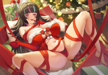 0kawairi 1girl barefoot black_hair black_liquid blue_eyes blue_hair bow box breasts candy candy_cane christmas christmas_ornaments christmas_present christmas_tree cleavage commentary crop_top elbow_gloves emma_llama english_commentary food fur_trim gift gift_box gloves highres indie_virtual_youtuber large_breasts liquid_clothes liquid_from_eyes long_hair merry_christmas multicolored_eyes multicolored_hair navel open_mouth pink_eyes pink_hair red_ribbon red_thong ribbon solo streaked_hair teeth thong two-tone_eyes virtual_youtuber