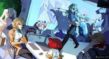 &gt;_&lt; 3boys 5girls absurdres aglaea_(honkai:_star_rail) anaxa_(honkai:_star_rail) angel_wings black_pants breasts brown_skirt brown_vest castorice_(honkai:_star_rail) chrysos_heirs_(honkai:_star_rail) computer computer_mouse crossed_legs cup dromas_(honkai:_star_rail) garmentmaker_(honkai:_star_rail) head_wreath highres holding holding_cup honkai:_star_rail honkai_(series) hug hug_from_behind laptop laurel_crown mannequin multiple_boys multiple_girls mydei_(honkai:_star_rail) pants phainon_(honkai:_star_rail) pointy_ears red_hair shirt short_hair skirt slideshow table teacup trianne_(honkai:_star_rail) tribbie_(honkai:_star_rail) trinnon_(honkai:_star_rail) twitter_username vest white_shirt white_vest wings yowowo1101