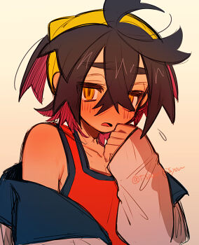 Rule 34 | 1boy, ahoge, bare shoulders, black hair, blush, collarbone, colored inner hair, commentary, commentary request, crossed bangs, flying sweatdrops, hair between eyes, hairband, hand on own face, hand up, highres, jacket, jacket partially removed, kieran (pokemon), looking at viewer, male focus, multicolored hair, nintendo, off shoulder, open mouth, partial commentary, pokemon, pokemon sv, purple hair, red tank top, signature, solo, tank top, tisanntisyou, two-tone hair, white jacket, yellow eyes, yellow hairband