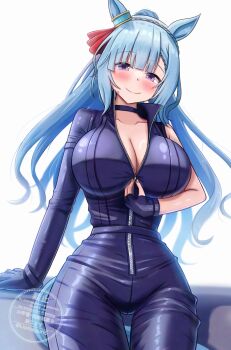 1girl absurdres animal_ears blue_bodysuit blue_gloves blue_hair bodysuit bow breasts cleavage closed_mouth commentary_request ear_ribbon fingerless_gloves gloves highres horse_ears horse_girl horse_tail large_breasts lio_(maguri) long_hair looking_at_viewer mejiro_ardan_(umamusume) partially_unzipped red_ribbon ribbon simple_background smile solo tail umamusume unzipped white_background zipper