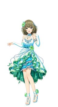 1girl blue_eyes brown_hair detached_sleeves dress earrings flower full_body green_eyes hair_ornament heterochromia high_heel_sandals idol_clothes idolmaster idolmaster_cinderella_girls idolmaster_cinderella_girls_starlight_stage jewelry necklace official_art open_mouth sandals solo takagaki_kaede toes transparent_background