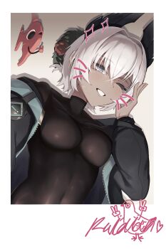 1girl absurdres aqua_jacket arknights black_background black_jacket black_shirt black_wings blush border breasts character_name collarbone commentary covered_navel fish flower gradient_background grey_eyes hair_between_eyes hair_flower hair_ornament hand_up head_wings highres jacket jambaeng large_breasts looking_at_viewer one_eye_closed open_clothes open_jacket raidian_(arknights) red_flower selfie shirt short_hair simple_background smile solo teeth turtleneck turtleneck_shirt unzipped upper_body white_background white_border white_hair wings