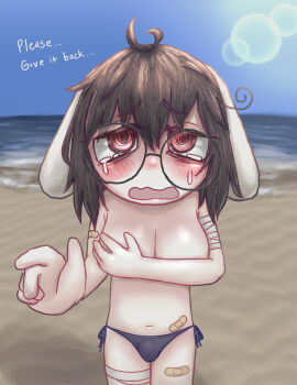 1futa animal_ears bandaged_arm bandaged_leg bandages bandaid bandaid_on_arm bandaid_on_hip bandaid_on_leg beach black_hair blush borrowed_character breasts bulge covering_breasts covering_privates crying crying_with_eyes_open ears_down english_text futanari glasses huge_breasts mentha_(menthalovely) messy_hair ocean open_mouth original outdoors rabbit_ears red_eyes round_eyewear short_hair tears topless_female water wavy_mouth
