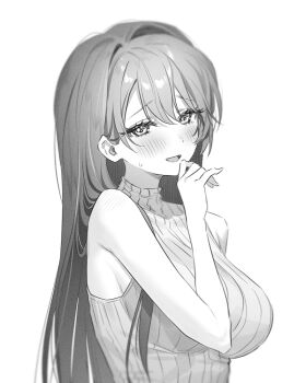 1girl bare_arms bare_shoulders blurry breasts fymrie greyscale hand_up large_breasts long_hair looking_at_viewer monochrome open_mouth original ribbed_shirt shirt sleeveless sleeveless_shirt smile solo sweatdrop upper_body