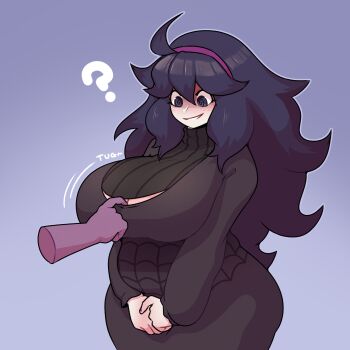 1girl ? @_@ ahoge alternate_body_size alternate_breast_size_(larger) blue_eyes blue_hair blush breasts cleavage clothes_pull cowboy_shot dabble disembodied_hand dress dress_pull gradient_background hair_between_eyes hairband hex_maniac_(pokemon) hex_maniac_(pokemon_xy) highres huge_breasts long_hair long_sleeves looking_down nintendo open_mouth outline own_hands_together plump pokemon pokemon_xy purple_background purple_hairband purple_outline simple_background solo_focus thick_thighs thighs