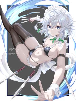 1girl alternate_costume between_fingers bikini black_bikini black_thighhighs bow braid braided_sidelocks breasts cleavage closed_mouth commentary_request detached_collar frilled_bikini frills green_bow grey_hair hair_bow highres holding holding_knife izayoi_sakuya knife knives_between_fingers looking_at_viewer maid maid_bikini maid_headdress medium_breasts skindentation smile solo stomach swimsuit thighhighs thighs touhou tsukiyuki_mike unconventional_maid white_headdress white_wrist_cuffs wrist_cuffs