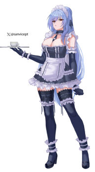 1girl absurdres alternate_costume ankle_garter apron bare_shoulders black_dress black_footwear black_gloves black_thighhighs blue_hair breasts cleavage commentary_request cup dress elbow_gloves enmaided frilled_thigh_strap full_body gloves high_heels highres holding holding_tray honkai:_star_rail honkai_(series) jingliu_(honkai:_star_rail) lace lace-trimmed_thighhighs lace_trim large_breasts long_hair looking_at_viewer maid maid_headdress parted_lips petticoat red_eyes sanvicept short_dress simple_background solo standing teacup thigh_strap thighhighs tray very_long_hair waist_apron white_apron white_background wrist_cuffs