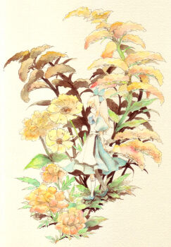 Rule 34 | 1girl, alice's adventures in wonderland, alice (alice in wonderland), apron, back bow, blonde hair, blue bow, blue dress, blue shoes, bow, closed eyes, commentary, commentary request, dress, english commentary, flower, frilled socks, frills, from side, hair bow, long hair, mary janes, mini person, minigirl, mixed-language commentary, orange flower, painting (medium), profile, puffy short sleeves, puffy sleeves, shoes, short sleeves, socks, solo, tamachi kuwa, traditional media, watercolor (medium), white apron, white socks, yellow flower