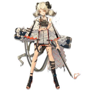 Rule 34 | 1girl, :q, arknights, black boots, blonde hair, boots, breasts, canister, choker, cloak, dress, female focus, fire, flamethrower, flat chest, full body, gas tank, gradient hair, grey dress, grey hair, gun, hand up, holding, holding flamethrower, holding gun, holding weapon, horns, ifrit (arknights), leg strap, looking at viewer, low twintails, material growth, multicolored hair, nail polish, norizc, official art, open-toe boots, orange eyes, orange nails, oripathy lesion (arknights), parted bangs, short dress, sidelocks, slit pupils, solo, striped clothes, striped dress, tachi-e, tail, thigh strap, toenail polish, toenails, tongue, tongue out, transparent background, twintails, weapon, white cloak