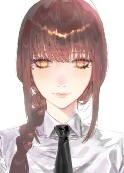 Rule 34 | 1girl, @ @, aegyo sal, bansheeiso, black necktie, blunt bangs, blush, braid, brown hair, chainsaw man, collared shirt, commentary, english commentary, facing viewer, hair over shoulder, highres, long sidelocks, looking at viewer, makima (chainsaw man), necktie, shirt, sidelocks, smile, solo, straight-on, upper body, white shirt, yellow eyes