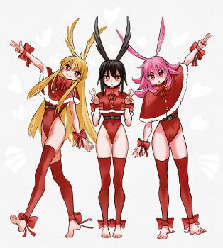 3girls :o absurdres ankle_bow ankle_ribbon arm_up barefoot belt black_belt black_hair blonde_hair bow bowtie bright_pupils buttons closed_mouth detached_leggings double_v fate/grand_order fate_(series) feet hair_between_eyes head_wings heart highleg highleg_leotard highres hildr_(fate) kamisato_sora leotard long_hair looking_at_viewer medium_hair multiple_girls open_mouth ortlinde_(fate) pink_hair red_bow red_bowtie red_eyes red_leotard ribbon santa_costume simple_background smile three-finger_salute thrud_(fate) v v-shaped_eyebrows valkyrie_(fate) white_background white_pupils wings wrist_bow