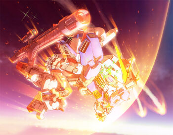 Rule 34 | atmospheric reentry, beam rifle, breaking, chibi, commentary, damaged, death, destruction, energy gun, ex-s gundam, falling, gundam, gundam sentinel, mecha, mobile suit, no humans, robot, sd gundam, sd gundam g generation, severed torso, sky, solo, sparkle, susagane, v-fin, weapon