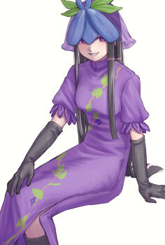 1girl black_gloves black_hair commentary_request dress elbow_gloves gloves grin hand_on_own_knee hasukappu headdress highres long_hair long_sidelocks looking_at_viewer purple_dress purple_eyes sidelocks sitting smile solo teeth touhou white_background yomotsu_hisami