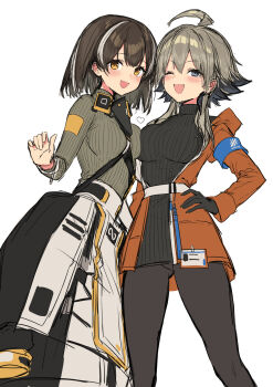 2girls ahoge arknights bird_mask black_gloves black_pantyhose blush breast_press breasts brown_hair commentary_request earrings gloves grey_hair hair_between_eyes highres id_card jacket jewelry long_hair long_sleeves looking_at_viewer magallan_(arknights) mask mask_around_neck mayer_(arknights) multicolored_hair multiple_girls open_mouth orange_jacket pantyhose rhine_lab_logo short_hair sigm@ simple_background streaked_hair symmetrical_docking two-tone_hair white_background white_hair yellow_eyes