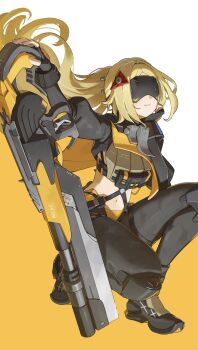 1girl absurdres ammunition_pouch black_gloves black_pants black_shrug blindfold_mask blonde_hair camouflage camouflage_pants commentary commentary_request covered_eyes english_commentary fingerless_gloves gloves glowing_mask gun gunblade hair_intakes hair_ornament head_rest highres latex_pants long_hair mask midriff mixed-language_commentary navel odd_(hin_yari) pants parted_lips ponytail pouch rifle shrug_(clothing) smile sniper_rifle solo tight_clothes tight_pants triangle_hair_ornament trigger_(zenless_zone_zero) two-tone_background weapon white_background yellow_background zenless_zone_zero