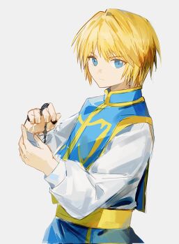 Rule 34 | 1boy, blonde hair, blue eyes, blue tabard, closed mouth, commentary, earrings, hand chains, highres, hunter x hunter, jewelry, kurapika, looking at viewer, male focus, sevenlistening, short hair, simple background, solo, untranslatable commentary, tabard, upper body, white background
