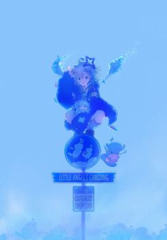 1girl 2others amane_kanata amane_kanata_(cutesy_punk) angel angel_wings asymmetrical_bangs backpack bag bear_hair_ornament bloom blue_hair blue_sky chibi colored_inner_hair feathered_wings gradient_wings grey_hair guuuuuu41 hair_ornament hairclip halo harness highres hololive jacket looking_at_viewer medium_hair mini_wings multicolored_hair multicolored_wings multiple_others o-ring o-ring_harness official_alternate_costume official_alternate_hair_length official_alternate_hairstyle pink_bag purple_eyes road_sign shirt shorts sign single_fishnet_legwear single_hair_intake single_leg_warmer sky smile squatting star_halo stop_sign streaked_hair upao_(amane_kanata) virtual_youtuber white_wings wings x_hair_ornament