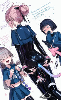 3girls anal anal_beads anal_object_insertion anal_tail ass black_hair black_thighhighs blue_eyes blue_serafuku blush bodysuit bodysuit_under_clothes butt_plug clenched_teeth collarbone crop_top crop_top_overhang dildo egg_vibrator fake_tail grabbing_own_ass grey_hair hair_bun hair_over_eyes high-waist_panties highres latex latex_bodysuit latex_thighhighs liclac long_hair long_sleeves looking_at_another medium_hair midriff_peek mixed-language_text multiple_girls navel neckerchief object_insertion open_mouth original pink_hair pussy_juice sailor sailor_collar school_uniform serafuku sex_toy short_sleeves skindentation speech_bubble tail teeth thigh_strap thighhighs tongue turtleneck turtleneck_bodysuit upper_teeth_only very_long_hair vibrator white_background white_neckerchief wrist_cuffs zettai_ryouiki