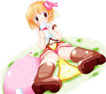1girl 2000s_(style) :3 blonde_hair blush boots bottle bow brown_boots brown_eyes closed_mouth commentary_request full_body hair_bow holding holding_bottle koba-p looking_at_viewer milk_bottle novice_(ragnarok_online) pink_bow pink_shorts poring ragnarok_online shirt short_hair shorts sitting sleeveless sleeveless_shirt slime_(creature) smile solo white_background white_shirt