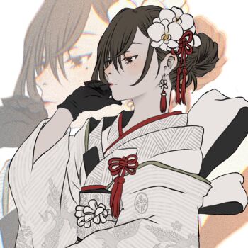 Rule 34 | 1girl, akeha (nier reincarnation), black gloves, brown eyes, brown hair, commentary request, earrings, flower, gloves, hair flower, hair ornament, japanese clothes, jewelry, kimono, looking ahead, mobeko0128, mole, mole under eye, nier (series), nier reincarnation, official alternate costume, solo, tassel, tassel earrings, white background, white flower, white kimono, zoom layer