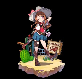 1girl arm_behind_head arm_up billboard black_background blue_skirt blush boots bow breasts brown_boots brown_gloves brown_hair cactus closed_mouth collared_shirt cowboy_hat fence flower full_body gloves gun hat hat_bow highres holding holding_gun holding_weapon holster lily_(merc_storia) long_hair long_sidelocks merc_storia merc_storia_art_team miniskirt official_art one_eye_closed pink_bow pink_eyes pleated_skirt shirt short_sleeves sidelocks simple_background skirt small_breasts smile solo standing standing_on_one_leg tachi-e weapon