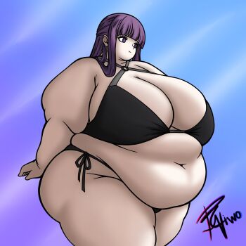 Rule 34 | 1girl, artist request, belly, big belly, bikini, black bikini, blue background, blunt bangs, breasts, cleavage, fat, fat woman, fern (sousou no frieren), huge breasts, long hair, navel, o-ring, o-ring bikini, obese, pout, purple eyes, purple hair, raiko-niwo, side-tie bikini bottom, sidelocks, signature, solo, sousou no frieren, standing, swimsuit, thick arms, thick thighs, thighs