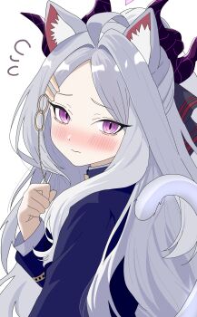 1girl absurdres ahoge blue_archive blush demon_girl demon_horns halo highres hina_(blue_archive) horns long_hair looking_at_viewer pkayokolove0317 purple_eyes solo upper_body white_hair