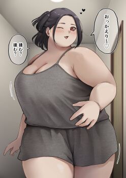 1girl black_hair blush breasts camisole cleavage fat fat_woman grey_camisole grey_shirt grey_shorts hallway heart japanese_text large_breasts one_eye_closed one_side_up open_mouth original plump red_eyes rin_noheki shirt short_hair short_shorts shorts sleeveless sleeveless_shirt smile solo speech_bubble standing thick_arms thick_thighs thighs walking wink