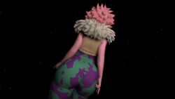 1girl 3d animated ashido_mina ass ass_shake bodysuit boku_no_hero_academia bouncing_ass colored_skin cybrokrimson from_behind fur_trim highres huge_ass jacket jiggle pink_hair pink_skin short_hair skin_tight solo tagme thick_thighs thighs vest video walking