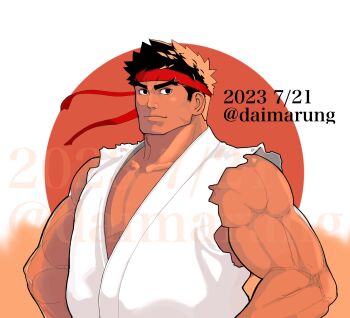 Rule 34 | 1boy, black eyes, black hair, closed mouth, collarbone, daimaru (s29y2c), dark-skinned male, dark skin, dated, dougi, forked eyebrows, headband, highres, looking at viewer, male focus, muscular, muscular male, red headband, ryu (street fighter), short hair, smile, solo, street fighter, thick eyebrows, torn clothes, torn sleeves, twitter username, upper body, white dougi