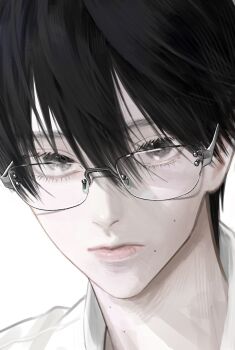 Rule 34 | 1boy, bespectacled, black hair, eyelashes, glasses, grey eyes, hair between eyes, hashtag-only commentary, highres, hikaru ga shinda natsu, lips, looking at viewer, male focus, mizunocao, mole, mole on cheek, mole on neck, mole under mouth, multiple moles, nose pads, portrait, rimless eyewear, shirt, simple background, solo, tsujinaka yoshiki, white background, white shirt