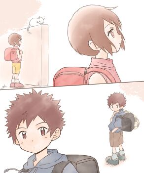 1boy 1girl aged_down backpack bag ball blue_socks blue_sweater brown_eyes brown_hair brown_shorts cat digimon digimon_adventure_02 gdn0522 highres hood hood_down hooded_sweater looking_at_another looking_up motomiya_daisuke outdoors pink_sweater profile red_eyes short_hair shorts sleeveless sleeveless_sweater soccer_ball socks spiked_hair split_screen sweater yagami_hikari yellow_sweater