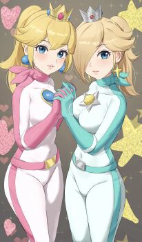 2girls absurdres amayo_thranana bandana bandana_around_neck biker_clothes biker_peach biker_rosalina bikesuit blonde_hair blue_eyes bodysuit breasts commentary_request covered_navel cowboy_shot crown earrings hair_over_one_eye heart highres holding_hands impossible_bodysuit impossible_clothes jewelry long_hair mario_(series) mario_kart medium_breasts mini_crown multiple_girls nintendo ponytail princess_peach racing_suit rosalina skin_tight star_(symbol) white_bodysuit