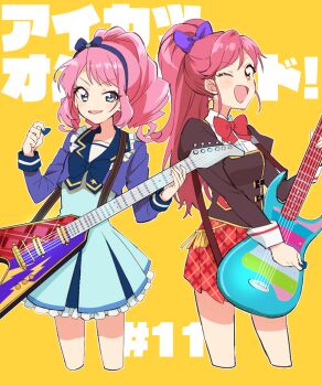 2girls :d ;d aikatsu! aikatsu!_(series) aikatsu_stars! black_jacket blue_eyes bow bowtie cropped_legs dream_academy_school_uniform dress drill_hair frilled_dress frills guitar hair_bow highres holding holding_guitar holding_instrument holding_plectrum in-franchise_crossover instrument jacket long_hair long_sleeves looking_at_viewer multiple_girls one_eye_closed open_mouth otoshiro_seira pink_hair plaid_clothes plaid_skirt pleated_dress pleated_skirt plectrum ponytail red_bow red_bowtie red_skirt sakuraba_rola sakuragi_mochi school_uniform shirt simple_background skirt smile standing translation_request v-shaped_eyebrows white_shirt yellow_background yotsuboshi_academy_school_uniform
