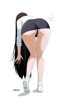 1girl ass ass_focus bent_over black_hair black_panties commentary_request dropped_object facing_away from_behind full_body goddess_of_victory:_nikke highres kneepits knees_together_feet_apart leaning_forward legs long_hair marciana_(nikke) marciana_(school_days)_(nikke) mixed-language_commentary official_alternate_costume panties peach-cup pen pencil_skirt reaching see-through_clothes see-through_skirt shirt shoes simple_background skirt sleeves_rolled_up solo underwear unmoving_pattern white_background white_shirt white_shoes