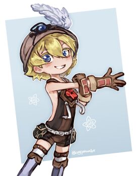1girl aged_down backless_outfit belt belt_pouch blonde_hair blue_eyes brown_gloves brown_headwear brown_overalls feet_out_of_frame female_focus gloves grin hand_up headlamp helmet highres hook kingjoshua loli looking_at_viewer lyza_(made_in_abyss) made_in_abyss overalls pouch purple_thighhighs short_hair smile solo stretching thighhighs white_belt