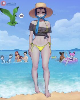 ... 2boys 4girls absurdres afloat asphyxiation barefoot beach beast_boy_(dc) bikini bird black_hair black_shirt blue_bikini blue_sky breasts bumblebee_(dc) closed_eyes cloud colored_skin commentary crop_top cyborg_(dc) dark-skinned_female dark_skin day dc_comics dismaiden domino_mask double_bun drowning english_commentary expressionless eye_mask feet flying forehead_jewel full_body gluteal_fold grey_skin hair_bun hat headscarf highres innertube insect_wings jinx_(dc) large_breasts laughing looking_at_viewer mask motion_lines multiple_boys multiple_girls ocean off-shoulder_shirt off_shoulder open_mouth outdoors patreon_logo pink_hair purple_eyes purple_hair raven_(dc) red_hair robin_(dc) seagull see-through_clothes see-through_shirt shirt shore side-tie_bikini_bottom silkie_(dc) sky smile solo_focus spiked_hair standing starfire sun_hat swim_ring swimsuit teen_titans tied_shirt toes twitter_username water wings yellow_bikini