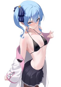 1girl absurdres asymmetrical_sidelocks bikini bikini_top_only black_bikini black_pantyhose black_skirt blue_eyes blue_hair blue_ribbon blush breasts cleavage closed_mouth coat coat_partially_removed cosplay cross-laced_clothes cross-laced_sleeves double-parted_bangs fawny frilled_coat frilled_skirt frills hair_between_eyes hair_ribbon hakui_koyori hakui_koyori_(1st_costume) hakui_koyori_(cosplay) highres hololive hoshimachi_suisei lab_coat lapels long_sleeves looking_at_viewer miniskirt navel notched_lapels paid_reward_available pantyhose pleated_skirt ribbon short_hair side_ponytail sidelocks simple_background skirt small_breasts solo star_(symbol) star_in_eye stomach swimsuit symbol_in_eye virtual_youtuber wavy_hair white_background white_coat