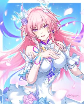 1girl bare_shoulders blue_sky border breasts commentary cyrene_(honkai:_star_rail) cyrene_(ripples_of_past_reverie)_(honkai:_star_rail) diamond-shaped_pupils diamond_(shape) earrings flower hair_flower hair_ornament highres honkai:_star_rail honkai_(series) jewelry kimo_ooi large_breasts long_hair looking_at_viewer multicolored_hair pink_hair pointy_ears purple_eyes sky solo symbol-shaped_pupils two-tone_hair very_long_hair white_border white_hair