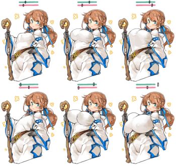 1girl attribute_slider belt black_gloves blue_eyes blue_ribbon blush braid breast_expansion breast_slider breasts brown_hair bust_chart closed_mouth commentary covered_erect_nipples flat_chest gameplay_mechanics gloves hair_ribbon hand_on_own_hip highres holding holding_staff hood hood_down huge_breasts large_breasts long_hair long_sleeves looking_at_viewer medium_breasts multiple_views original plump ribbon robe sachito slider small_breasts staff twintails white_robe