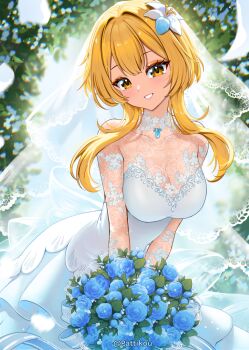 1girl alternate_breast_size_(larger) alternate_costume bare_shoulders blonde_hair blue_flower blue_rose blurry blurry_background bouquet breasts bridal_veil cleavage commentary cowboy_shot dress flower genshin_impact holding holding_bouquet jewelry large_breasts long_hair lumine_(genshin_impact) pattikou pendant rose solo strapless strapless_dress veil wedding_dress white_dress yellow_eyes